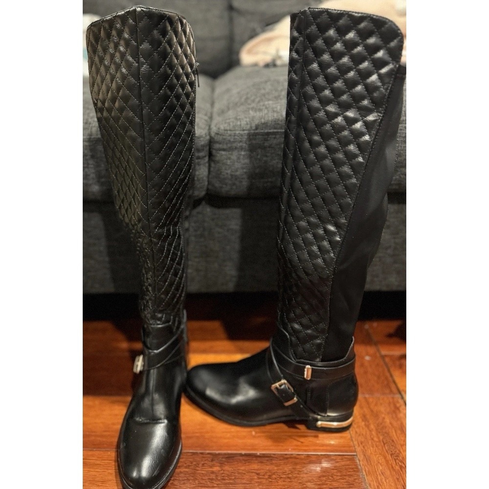 Annabeth by JUSTFAB (SHOEDAZZLE) Black quilted faux leather riding boots, SZ 7 - Picture 12 of 16
